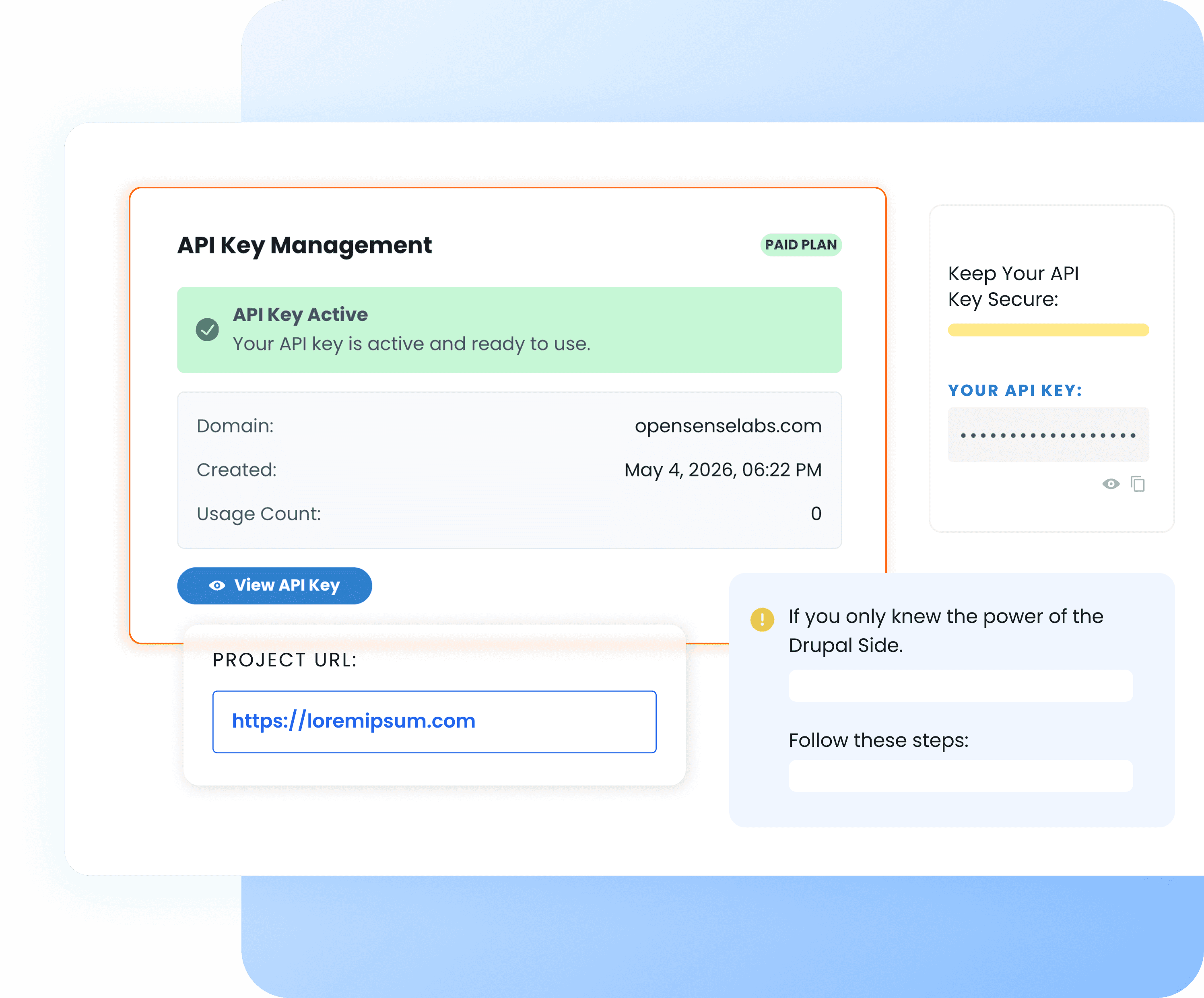DrupalFit Drupal Status Report dashboard showing API key management and compliance insights inside the Drupal admin