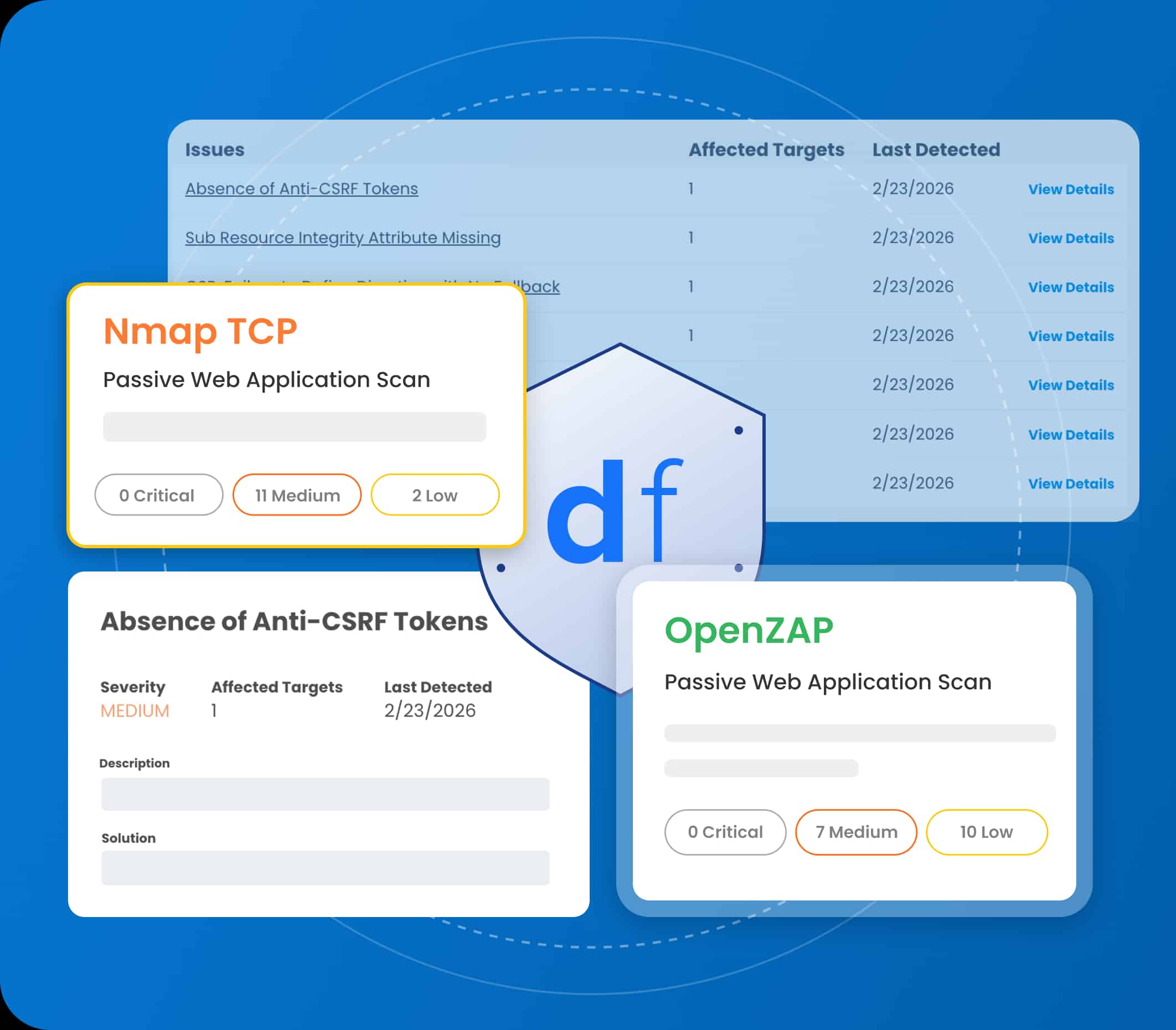 DrupalFit security dashboard showing severity-rated vulnerability scan results