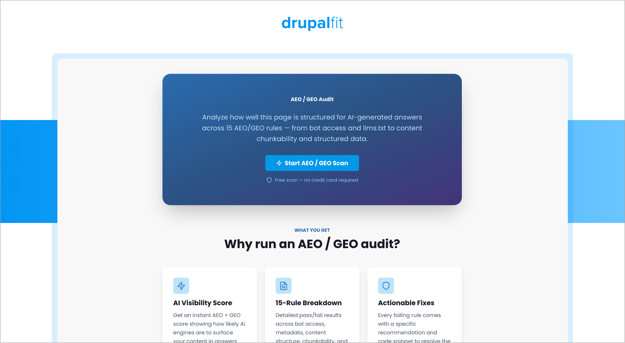AEO und GEO DrupalFit Dashboard