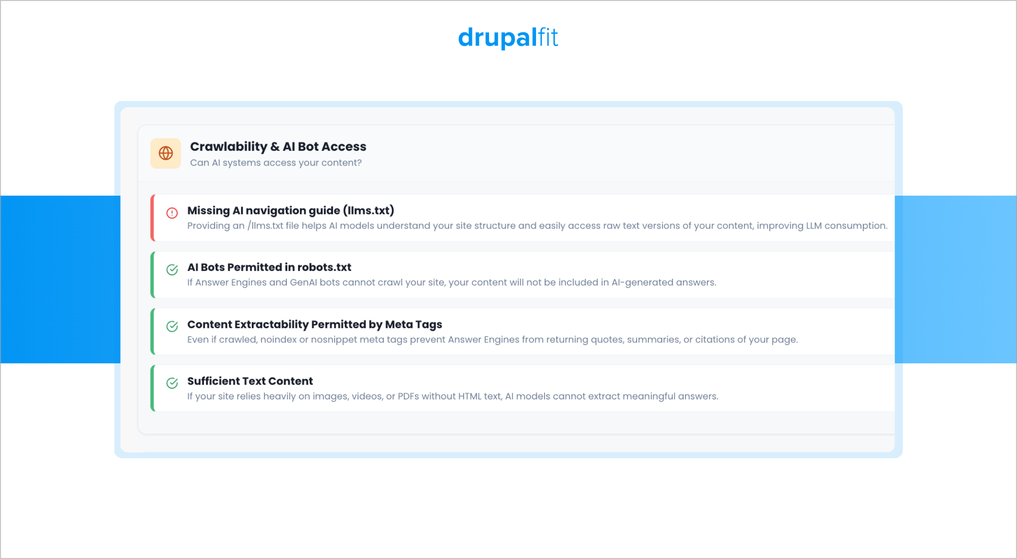 AEO- und GEO-Crawlability und KI-Bot-Zugangsseite DrupalFit